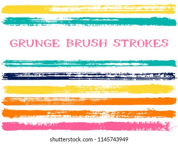 Blue prange ink brush strokes isolated design elements. Set of paint lines. Urban stripes, textured paintbrush stroke shapes. Collection of ink brushes, stripes isolated on white, vector paint samples