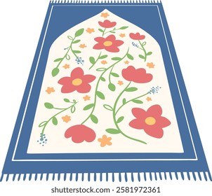 blue prayer rug with flowers illustration. flat design mat for ramadan decoration