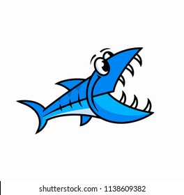 blue predatory fish with large teeth and striped back, vector illustration.