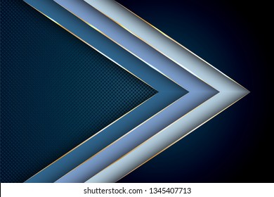 Blue Premium Background With Luxury Polygonal Arrow Pattern And Gold Triangle Edge Lines. Gradient Facets Shapes Luxury Gold Lines Vector. Rich Background, Premium Triangle Polygons Royal Blue Design.