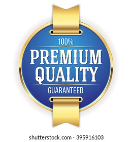 Blue premium quality badge, button with gold border on white background