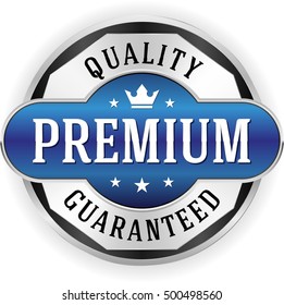 Blue premium quality badge, button with silver border on white background