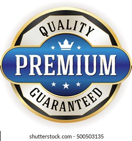 Blue premium quality badge, button with gold border on white background