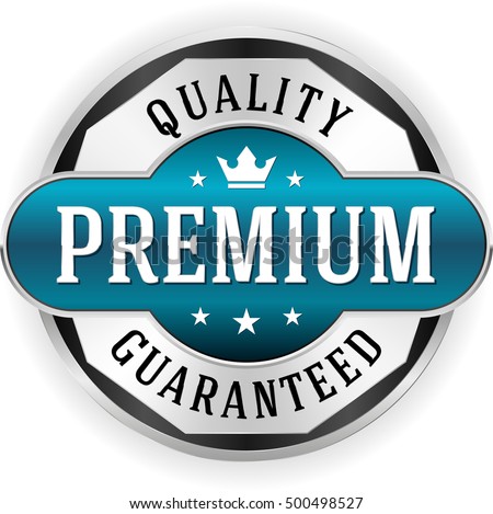 Blue premium quality badge, button with silver border on white background