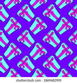 Blue present with a bow ,seamless pattern on violet background.