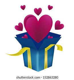 a blue present box with hearts and a yellow ribbon