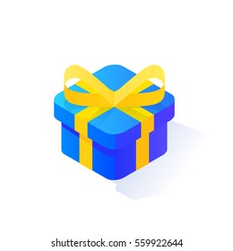 Blue present box isometric icon with yellow ribbon bow on white background isolated vector illustration