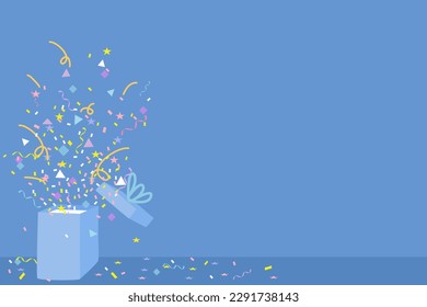 Blue present box pop up the cute confetti in the air on blue background with copy space vector illustration.