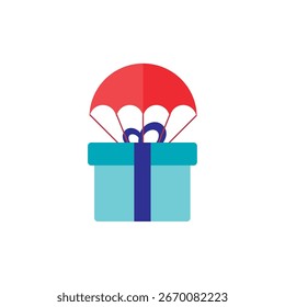 Caja de regalo azul atada con cinta y paracaídas para la entrega Aéreas del paquete. Ilustración vectorial.