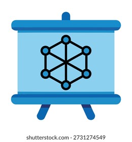 Um quadro de apresentação azul exibe um diagrama de rede geométrica, representando conexões de dados e conceitos científicos.