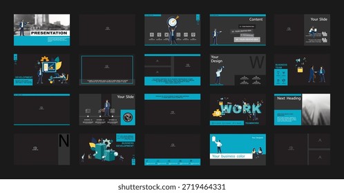 Plantilla de diseño de presentación azul sobre fondo blanco. PowerPoint, proyecto de negocio, foto, conjunto. Hombre de negocios analiza los ingresos financieros. Uso en informe anual, publicidad de marketing. Infografía de Vector