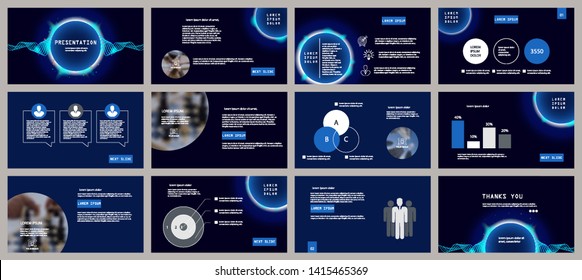 Blue presentation template. Neon circle and wave elements for slide presentations on a dark background. Flyer, brochure, corporate report, marketing, advertising, annual report, banner