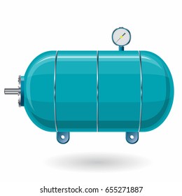 Blue pressure vessel for water, gas, air. Pressure tank for storage of material, water. Valves, measuring unit, handles. Flatten icon illustration.