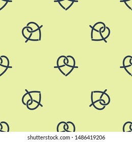 Blue Pretzel icon isolated seamless pattern on yellow background. German comfort food pastry. Oktoberfest festival.  Vector Illustration