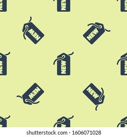 Blue Price tag with an inscription New icon isolated seamless pattern on yellow background. Badge for price. Promo tag discount.  Vector Illustration