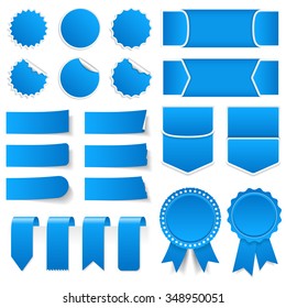 Blue price tags, stickers, labels, banners and ribbons, vector eps10 illustration