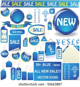 Blue price tags, stickers, pealing papers, buttons and banners vector set isolated on white