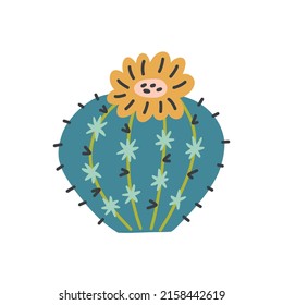 Blue prickly round cactus with yellow flower. Doodle hand drawn western plant element naive vector art on white isolated background