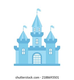 Blue princess castle. Medieval house. Magic kingdom. Wonderland. Vector illustration isolated on white background.