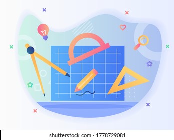 Herramientas de plan de concepto de impresión azul doblan papel de lápiz triangular con estilo plano.