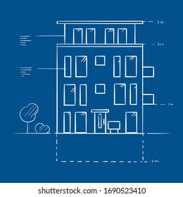 Impresión azul de un moderno hogar familiar múltiple con diseño de techo plano. El estilo arquitectónico moderno está limpio. Dibujo de dibujos animados de color dibujado a mano ilustración vectorial. 