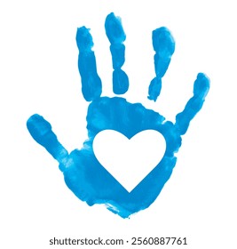 Blue  print of  palm with white heart drawn with paint. Blue hand print vector icon isolated on white background. National volunteers day