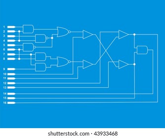 A blue print style schematic for a useless logic diagram