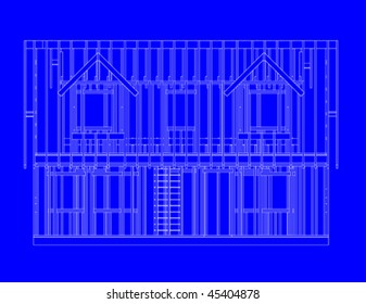 a blue print style vector drawing of a house frame front view