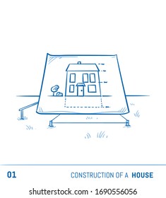 Blue print of a traditional detached family house in front of green property. Planning to build a house. Hand drawn cartoon sketch vector illustration.