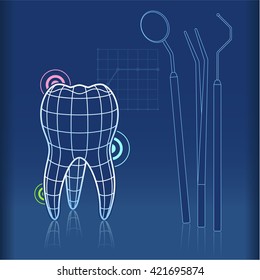 Blue print type design of tooth with grid and dentist tools like mirror, tongs and pick