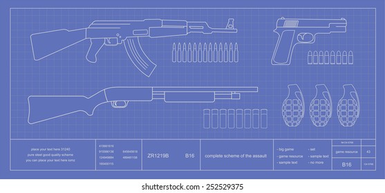 Blue print weapons set: assault riffle, pistol, shotgun, grenades, combat knife, bullets. Vector clip art chalk illustration