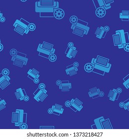 Blue Printer and gear icon isolated seamless pattern on blue background. Adjusting app, service concept, setting options, maintenance, repair, fixing. Vector Illustration