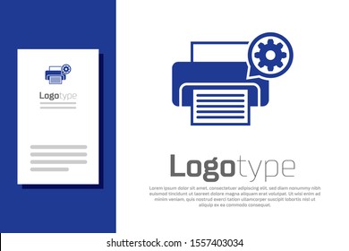 Blue Printer and gear icon isolated on white background. Adjusting app, service concept, setting options, maintenance, repair, fixing. Logo design template element. Vector Illustration