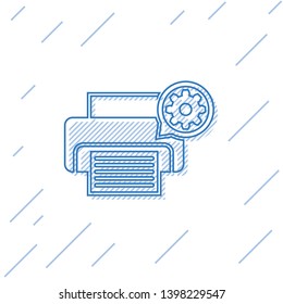 Blue Printer and gear line icon isolated on white background. Adjusting app, service concept, setting options, maintenance, repair, fixing. Vector Illustration