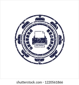 Blue printer icon inside distress grunge seal
