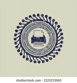 Blue printer icon inside distress rubber seal with grunge texture