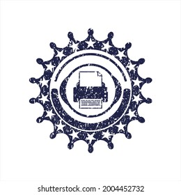 Blue printer icon inside distress rubber stamp with grunge texture. 