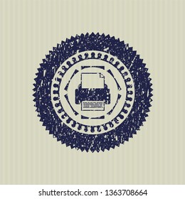 Blue printer icon inside distressed grunge stamp