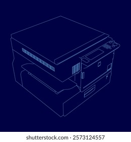 Blue printer with a keyboard. The printer is a HP brand. The printer is a desktop model