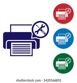 Blue Printer with screwdriver and wrench icon isolated on white background. Adjusting, service, setting, maintenance, repair, fixing. Set color icon in circle buttons. Vector Illustration