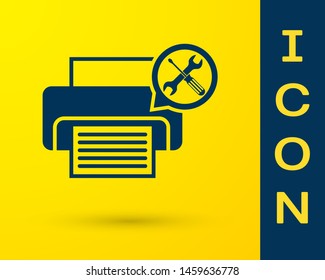 Blue Printer with screwdriver and wrench icon isolated on yellow background. Adjusting, service, setting, maintenance, repair, fixing.  Vector Illustration