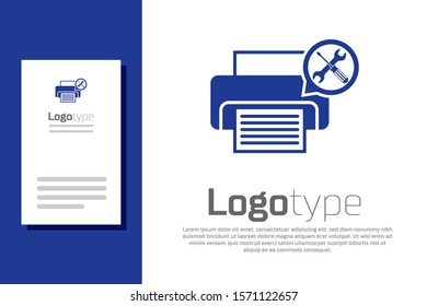 Blue Printer with screwdriver and wrench icon isolated on white background. Adjusting, service, setting, maintenance, repair, fixing. Logo design template element. Vector Illustration
