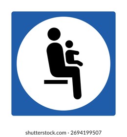 Blue priority seating sign with caregiver and child icon for individuals with small children in public spaces