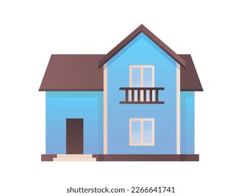 Blue private house. City facade and apartment, modern exterior. Real estate and property, cottage. Urban architecture, city or town building. Cartoon flat vector illustration