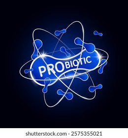 Blue probiotic bacteria in silver atom molecule shine. Modern packaging badge logo on dark background. Good bacterial flora for stomach and intestine. For design product label. Vector EPS10.