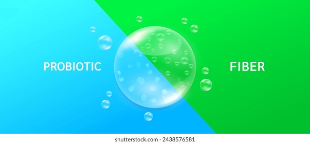Blue probiotics droplet and green fiber solution. Supplements you should take in pairs for good health. Vitamins complex nourish the body. Medical scientific concepts. Banner vector.