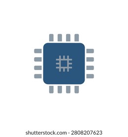 Blue processor chip icon, symbolizing technology, computer hardware, and microelectronics.