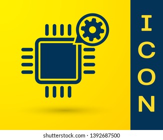 Blue Processor and gear icon isolated on yellow background. CPU, chip service concept. Adjusting app, setting options, maintenance, repair, fixing. Vector Illustration