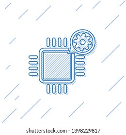 Blue Processor and gear line icon isolated on white background. CPU, chip service concept. Adjusting app, setting options, maintenance, repair, fixing. Vector Illustration