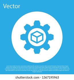 Blue Product development icon isolated on blue background. Gear and cube. Product development symbol design from Startup collection. White circle button. Flat design. Vector Illustration